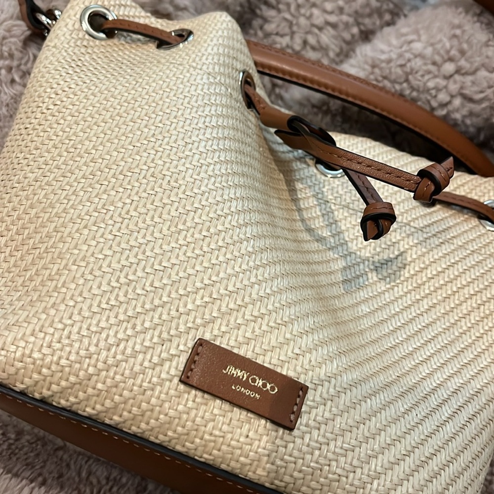 Jimmy Choo Raffia Leather-Trimmed Bucket Bag